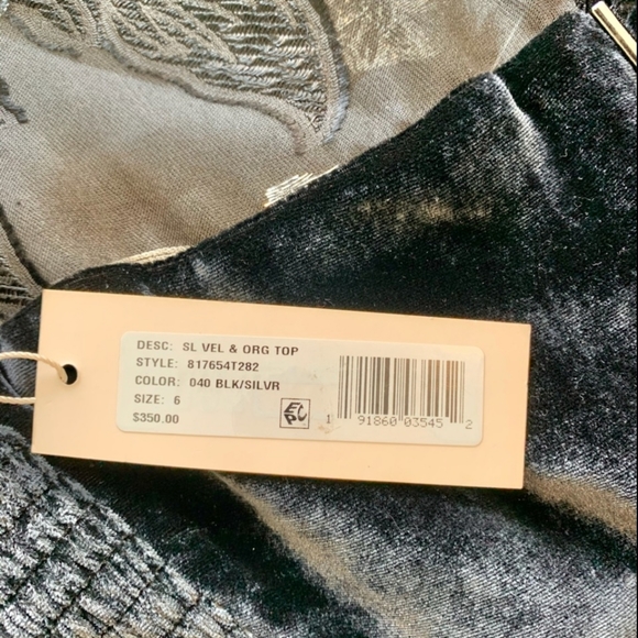 REBECCA TAYLOR Black Stretch Velvet Peplum Top Silk Silver Metallic Floral M 6 - Picture 8 of 10